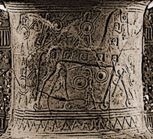 Троянский конь. Фрагмент горлышка рельефной вазы Киклада. Ок. 675-650 гг. до н.э. Микенский археологический музей, Микены.